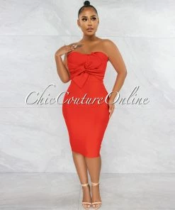 Vendor-unknown JUST IN Merlinda Red Bow Accent Bandage Strapless Dress