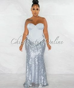Chic Couture Online JUST IN Olesia Silver Sequins Bottom Strapless Maxi Dress