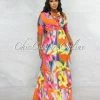 Vendor-unknown Yates Orange Tropical Print Smocked Two Piece Skirt Set