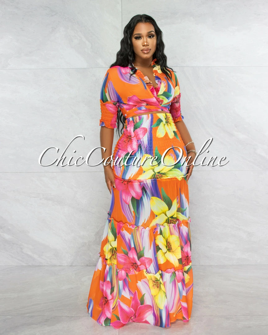 Vendor-unknown Yates Orange Tropical Print Smocked Two Piece Skirt Set