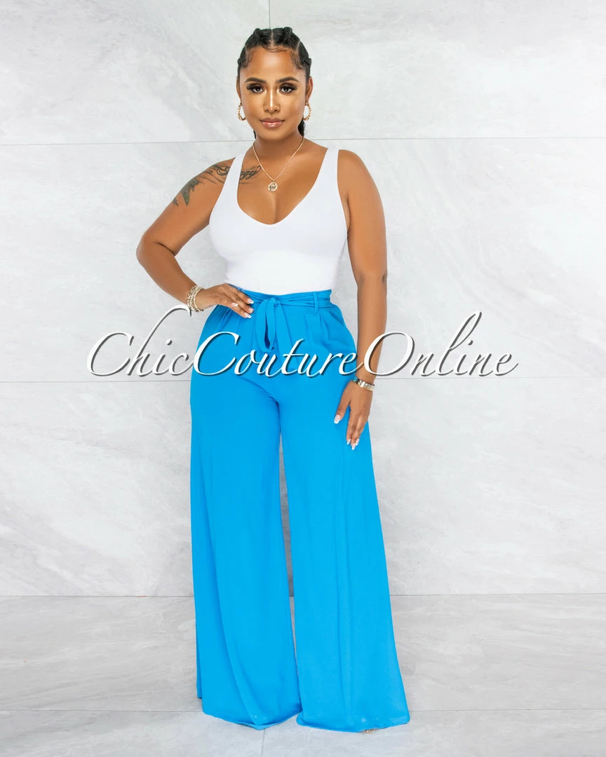 Vendor-unknown Chairo Turquoise Self-Tie Wait Wide Legs Pants JUST IN