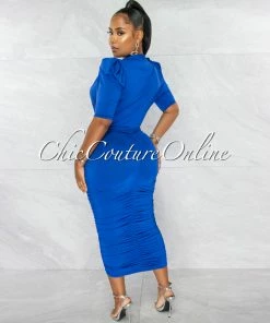 Chic Couture Online Sandy Royal Blue Deep V-Neck Padded Shoulders Midi Dress