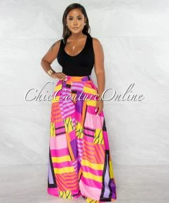 Chic Couture Online JUST IN Julie Fuchsia Multi Color Abstract Print Pleated Wide Pants
