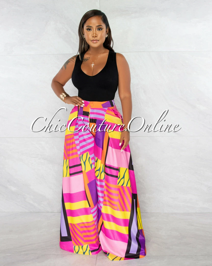 Chic Couture Online JUST IN Julie Fuchsia Multi Color Abstract Print Pleated Wide Pants