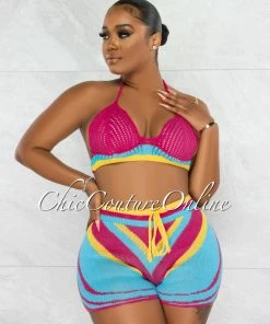 Chic Couture Online Wisconsin Fuchsia Turquoise Chevron Shorts Knit Set JUST IN