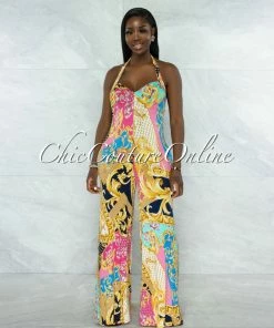 Vendor-unknown Semada Multi-Color Print Halter Wide Jumpsuit
