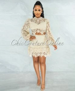 Vendor-unknown Sadiya Cream Crochet Crop Top & Ruffle Skirt Set JUST IN