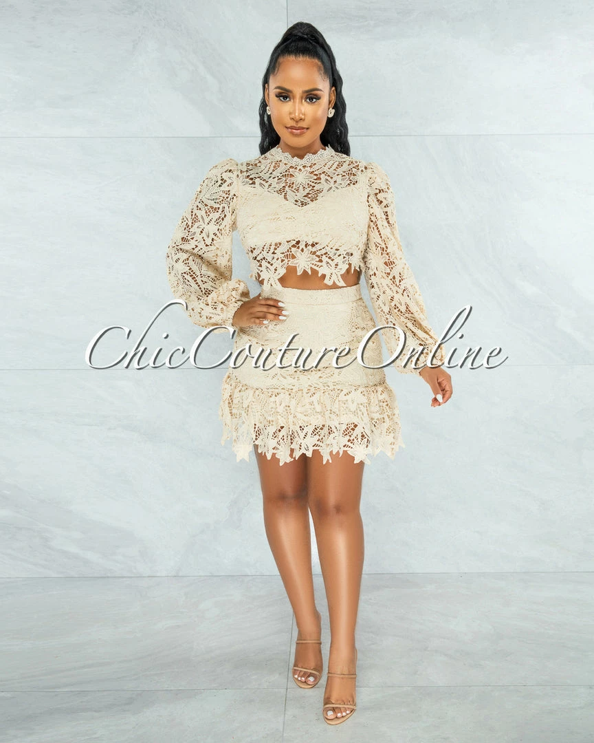Vendor-unknown Sadiya Cream Crochet Crop Top & Ruffle Skirt Set JUST IN
