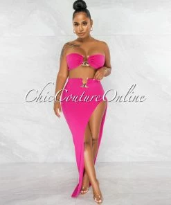 Chic Couture Online JUST IN Alyza Fuchsia Gold Accent Top & Maxi Slit Skirt Set
