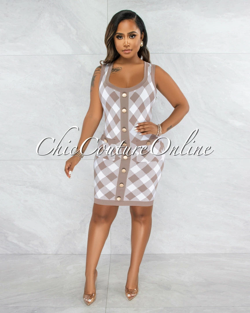 Chic Couture Online Elissa Taupe White Plaid Knit Dress
