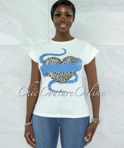 Vendor-unknown JUST IN Alcantara Off-White Blue Leopard Front Graphic T-Shirt