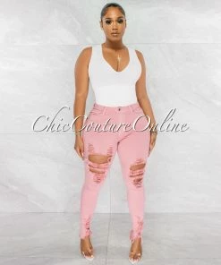Chic Couture Online JUST IN Soraya Salmon Denim High Waist Destroyed Jeans