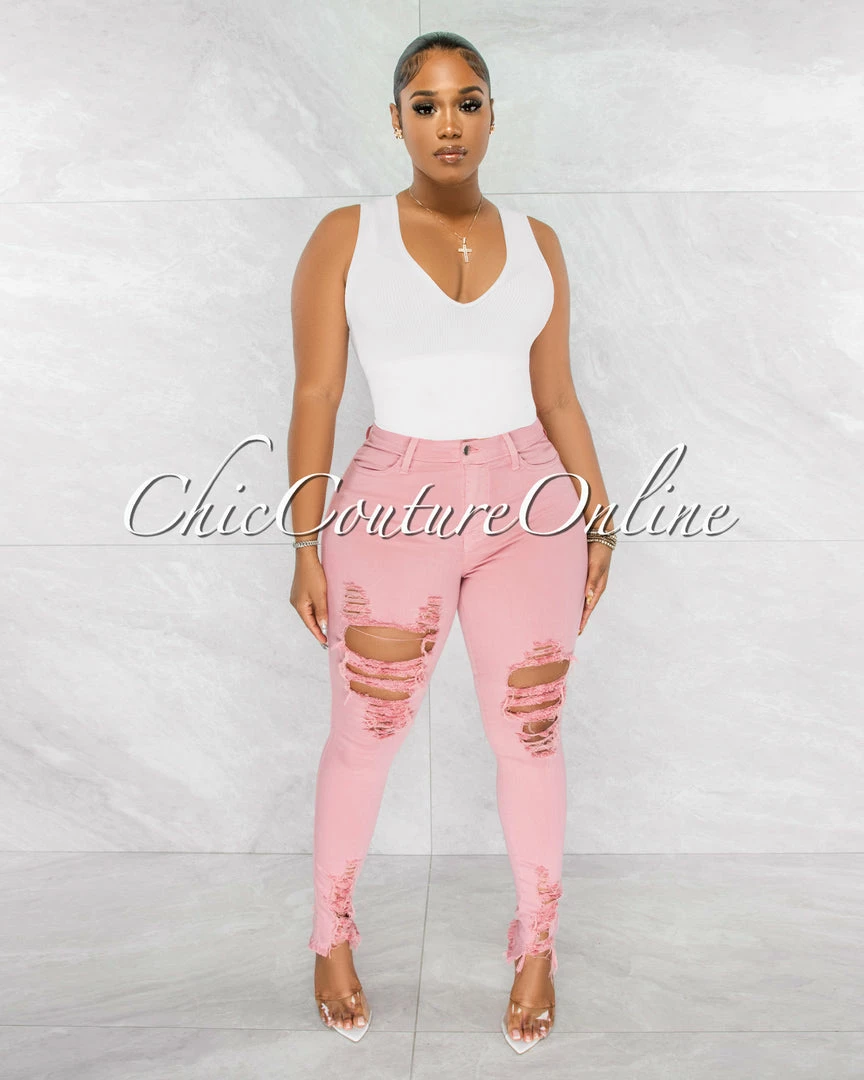 Chic Couture Online JUST IN Soraya Salmon Denim High Waist Destroyed Jeans