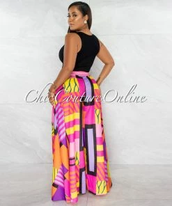 Chic Couture Online JUST IN Julie Fuchsia Multi Color Abstract Print Pleated Wide Pants