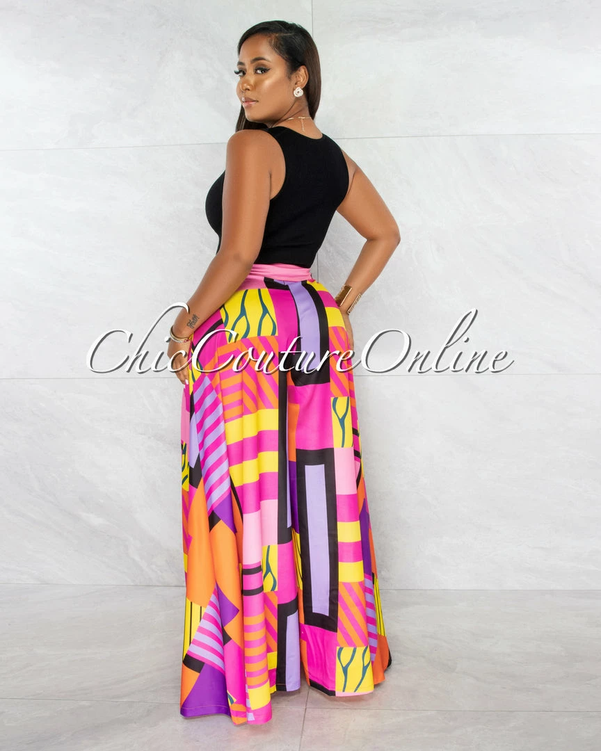Chic Couture Online JUST IN Julie Fuchsia Multi Color Abstract Print Pleated Wide Pants
