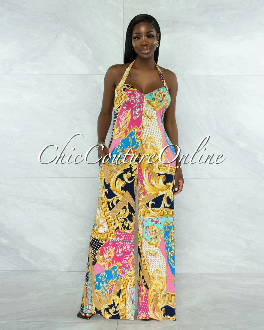Vendor-unknown Semada Multi-Color Print Halter Wide Jumpsuit