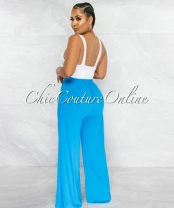Vendor-unknown Chairo Turquoise Self-Tie Wait Wide Legs Pants JUST IN