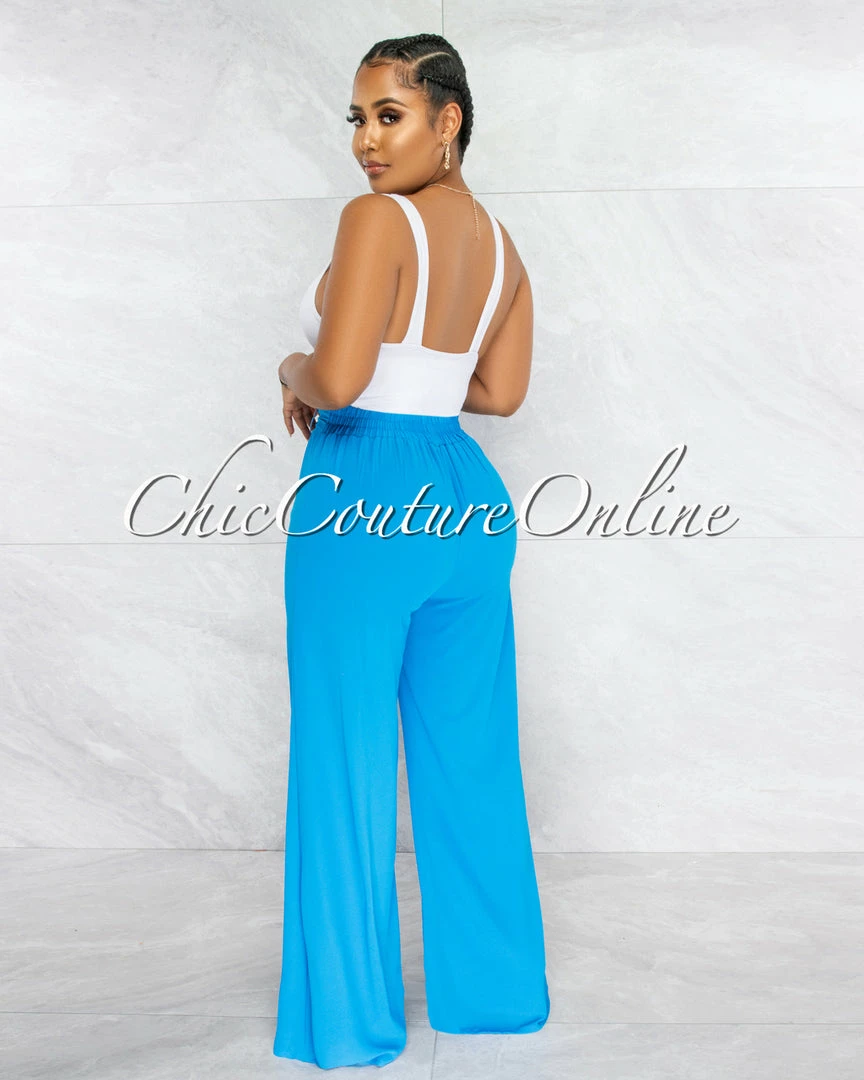 Vendor-unknown Chairo Turquoise Self-Tie Wait Wide Legs Pants JUST IN