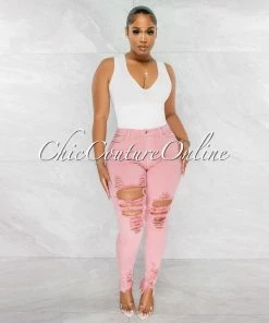 Chic Couture Online JUST IN Soraya Salmon Denim High Waist Destroyed Jeans