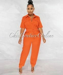 Chic Couture Online JUST IN Billie Orange Cargo Pockets Utility Jumpsuit