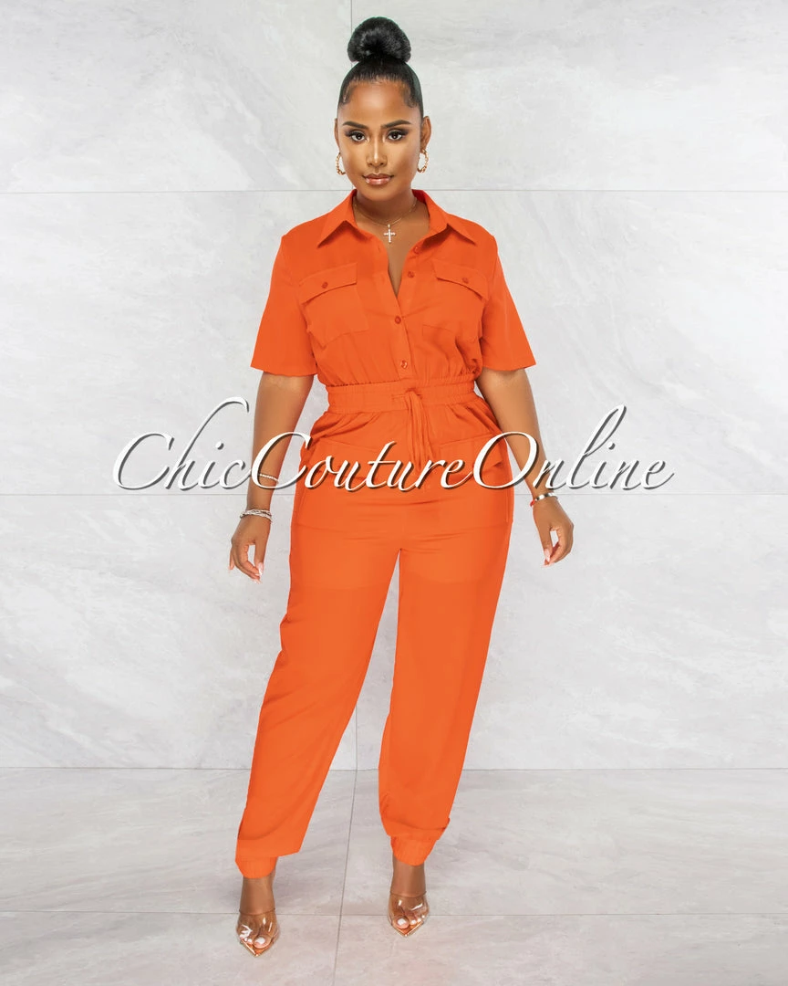 Chic Couture Online JUST IN Billie Orange Cargo Pockets Utility Jumpsuit
