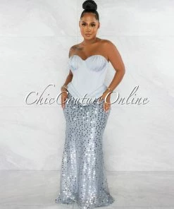 Chic Couture Online JUST IN Olesia Silver Sequins Bottom Strapless Maxi Dress