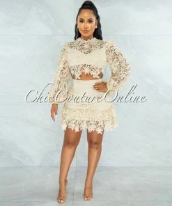 Vendor-unknown Sadiya Cream Crochet Crop Top & Ruffle Skirt Set JUST IN