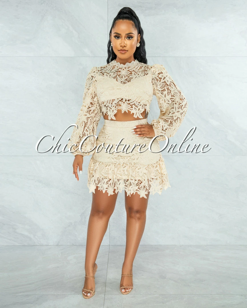 Vendor-unknown Sadiya Cream Crochet Crop Top & Ruffle Skirt Set JUST IN