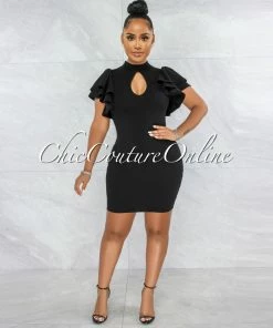 Vendor-unknown JUST IN Bruma Black Bust Key-Hole Ruffle Sleeves Dress