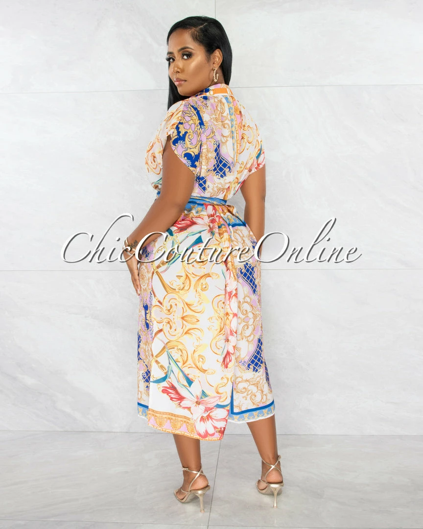 Chic Couture Online Morag Ivory Multi-Color Print Self-Tie Belt Shirt Dress