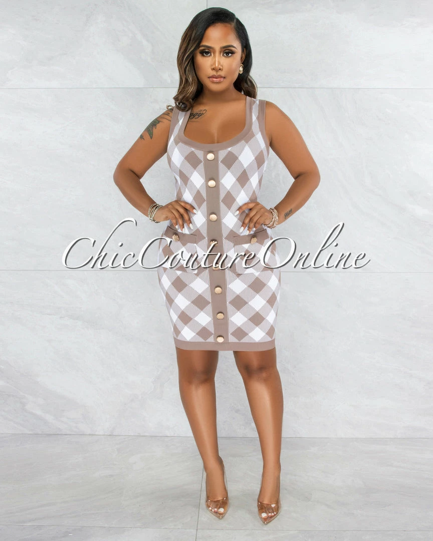 Chic Couture Online Elissa Taupe White Plaid Knit Dress