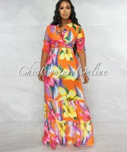 Vendor-unknown Yates Orange Tropical Print Smocked Two Piece Skirt Set