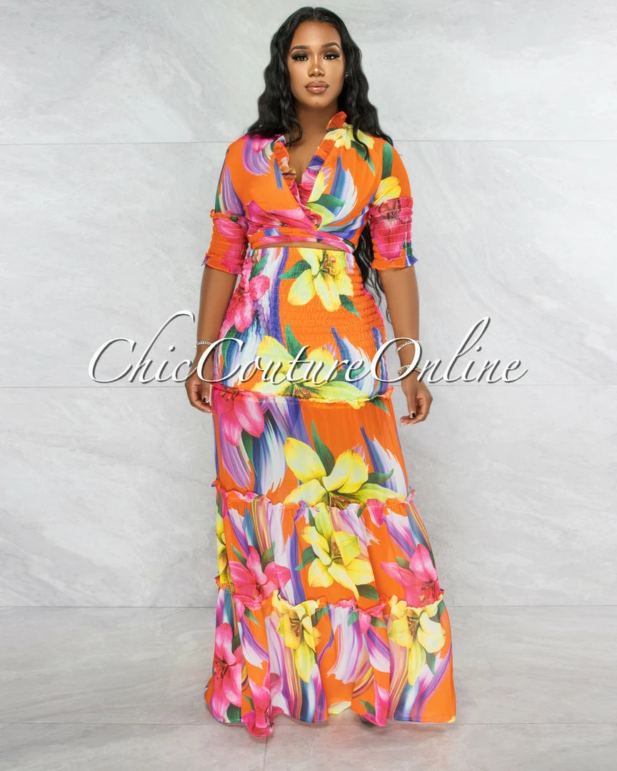 Vendor-unknown Yates Orange Tropical Print Smocked Two Piece Skirt Set