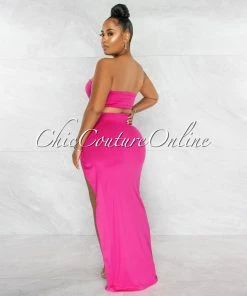 Chic Couture Online JUST IN Alyza Fuchsia Gold Accent Top & Maxi Slit Skirt Set