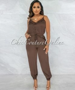 Vendor-unknown Denah Chocolate Lace Satin Jogger Jumpsuit JUST IN