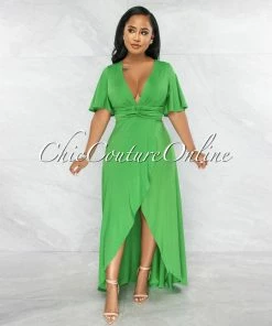 Vendor-unknown Mavis Kelly Green Knot Waist Front Slit Maxi Dress JUST IN