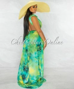 Chic Couture Online JUST IN Siren Green Palm Print Rhinestones Luxe Swimsuit & Cover-up