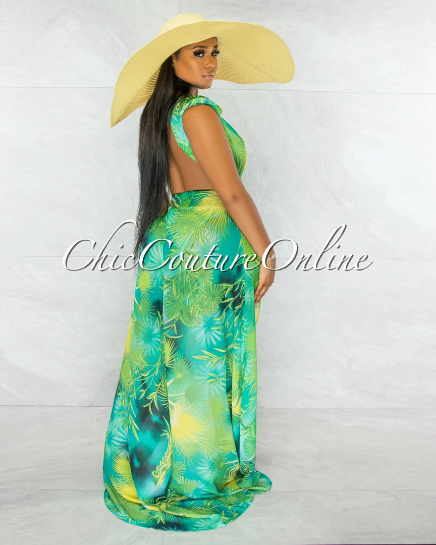 Chic Couture Online JUST IN Siren Green Palm Print Rhinestones Luxe Swimsuit & Cover-up