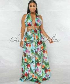 Chic Couture Online Fergie Turquoise Floral Print O-Ring Cut-Out Maxi Bodysuit Dress