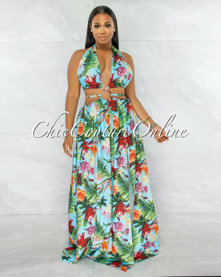 Chic Couture Online Fergie Turquoise Floral Print O-Ring Cut-Out Maxi Bodysuit Dress