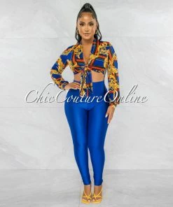 Chic Couture Online JUST IN Axelle Royal Blue Red Print Tie Top & Royal Blue Leggings Set