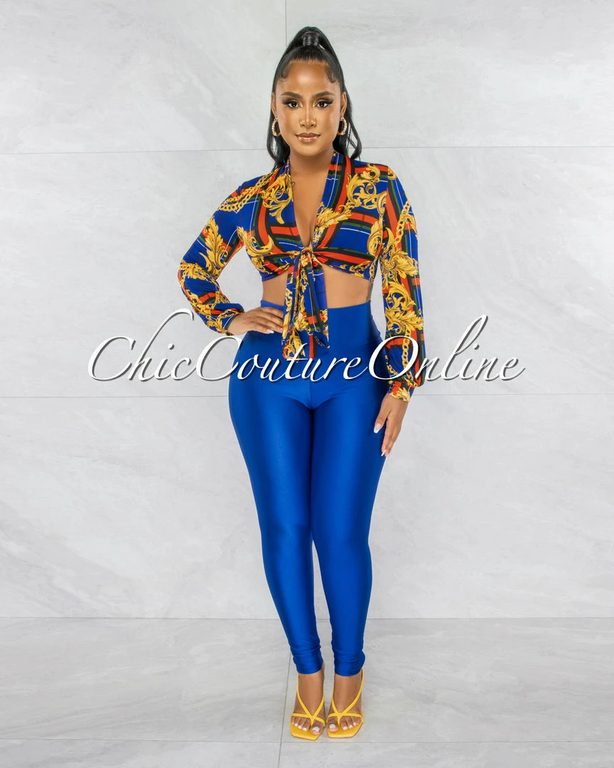 Chic Couture Online JUST IN Axelle Royal Blue Red Print Tie Top & Royal Blue Leggings Set
