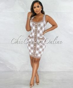 Chic Couture Online Elissa Taupe White Plaid Knit Dress