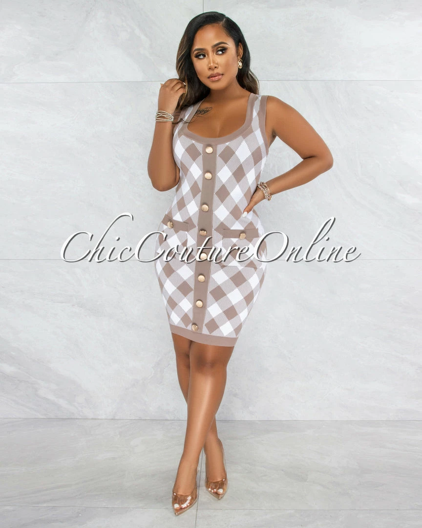 Chic Couture Online Elissa Taupe White Plaid Knit Dress