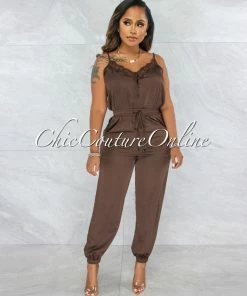 Vendor-unknown Denah Chocolate Lace Satin Jogger Jumpsuit JUST IN