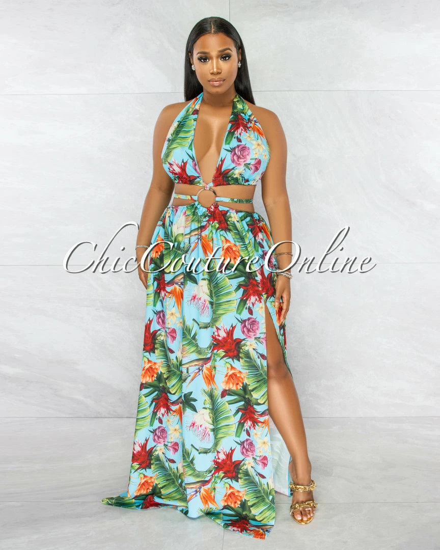 Chic Couture Online Fergie Turquoise Floral Print O-Ring Cut-Out Maxi Bodysuit Dress