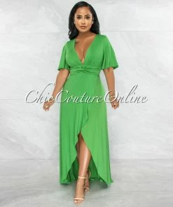 Vendor-unknown Mavis Kelly Green Knot Waist Front Slit Maxi Dress JUST IN