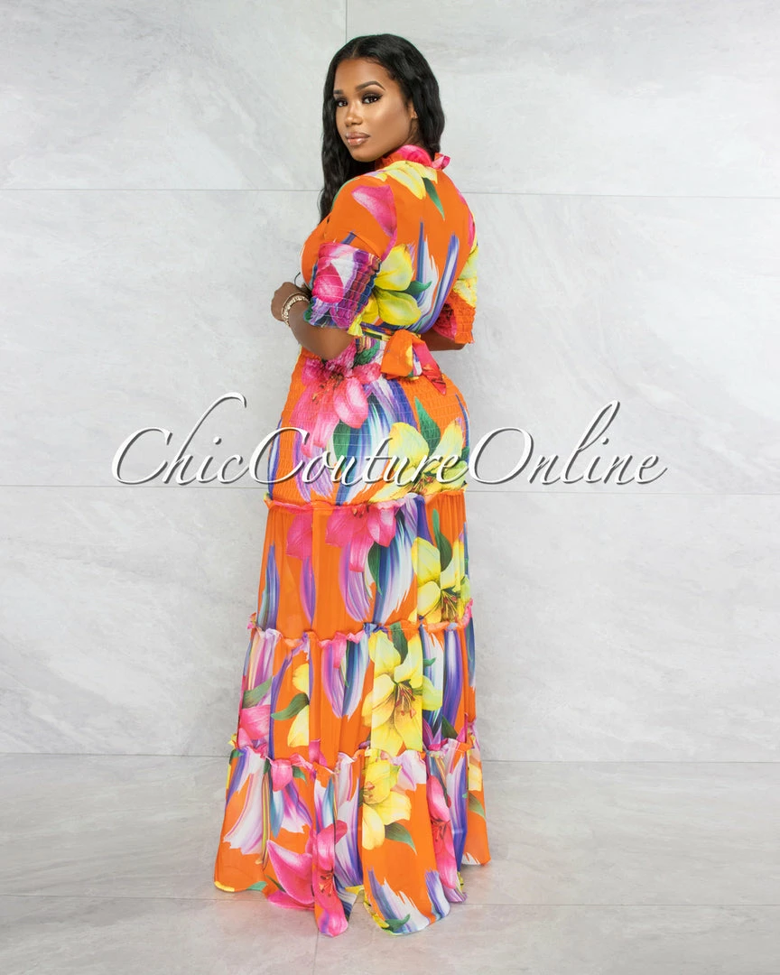 Vendor-unknown Yates Orange Tropical Print Smocked Two Piece Skirt Set