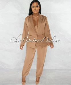 Chic Couture Online Esparza Brown Blazer & Jogger Pants Silky Set