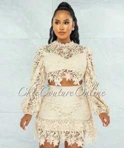 Vendor-unknown Sadiya Cream Crochet Crop Top & Ruffle Skirt Set JUST IN